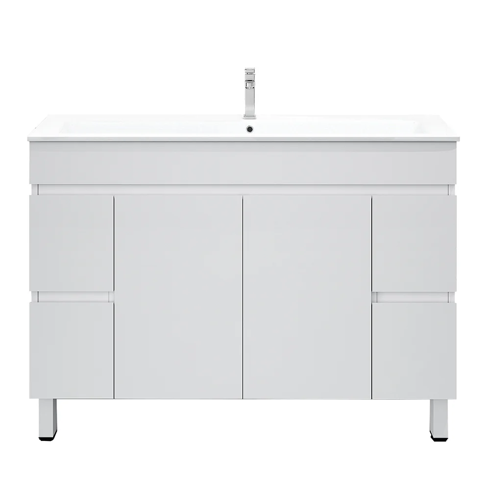 1200*450*710mm Freestangding Gloss White PVC Vanity With Double Ceramic Top