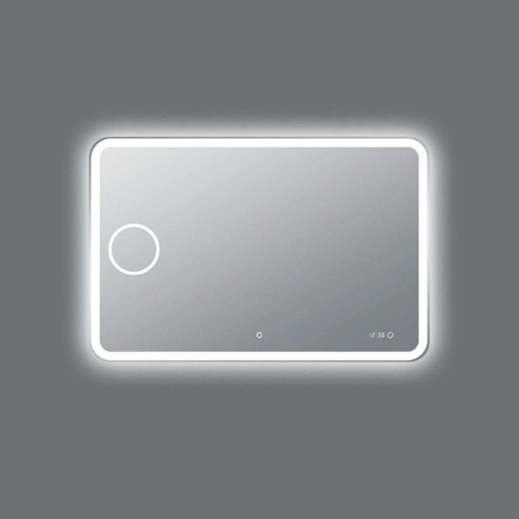 [41234] 1200*800mm Curved Rim Rectangle 3 Color Lighting Backlit Acrylic LED Mirror Magnifier Touch Sensor Switch Defogger Pad Wall Mounted Digital Clock with Temperature