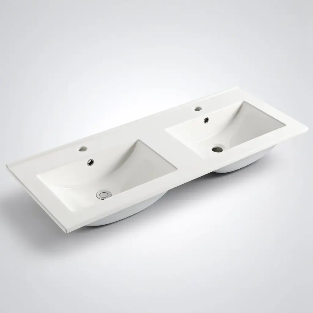 [90107/CT1246D] 1200mm Ceramic Top for Bathroom Vanity Double Bowl Gloss White