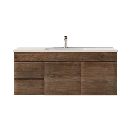[93175/B124LW-DO] 1200mm Dark Oak MDF Wall Hung Bathroom Vanity Cabinet Left Drawer PVC Vacuum Filmed