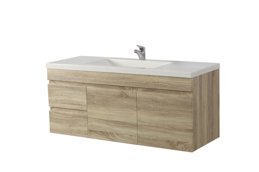 1200mm White Oak MDF Wall Hung Bathroom Vanity Cabinet Only Left Drawer PVC Vacuum Filmed