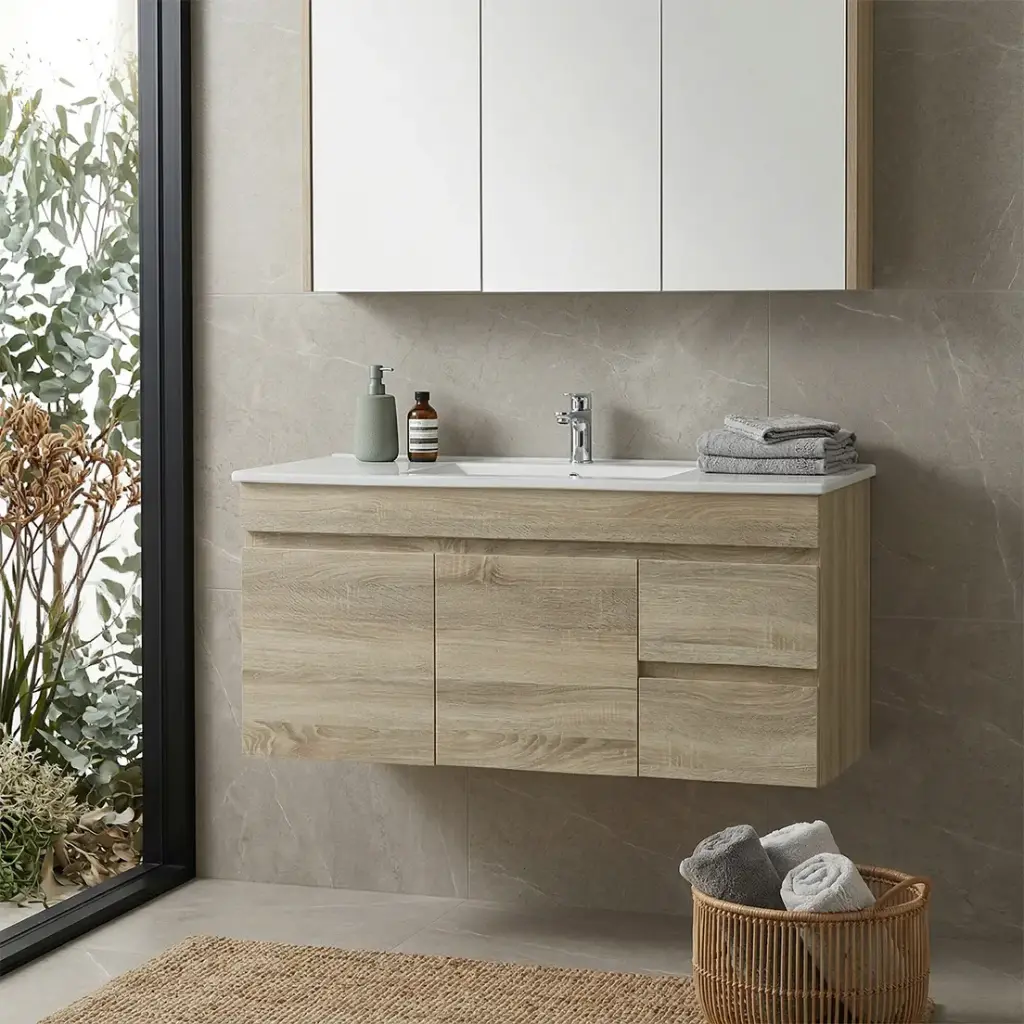 [93173/B124LW-WO] 1200mm White Oak MDF Wall Hung Bathroom Vanity Cabinet Only Left Drawer PVC Vacuum Filmed