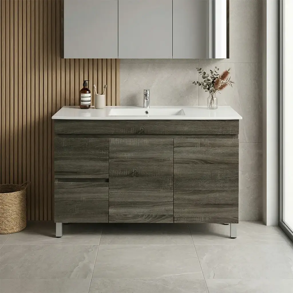 [93134/B124LL-DG] 1200mm Dark Grey MDF Freestanding Bathroom Vanity Cabinet Only Left Drawer PVC Vacuum Filmed