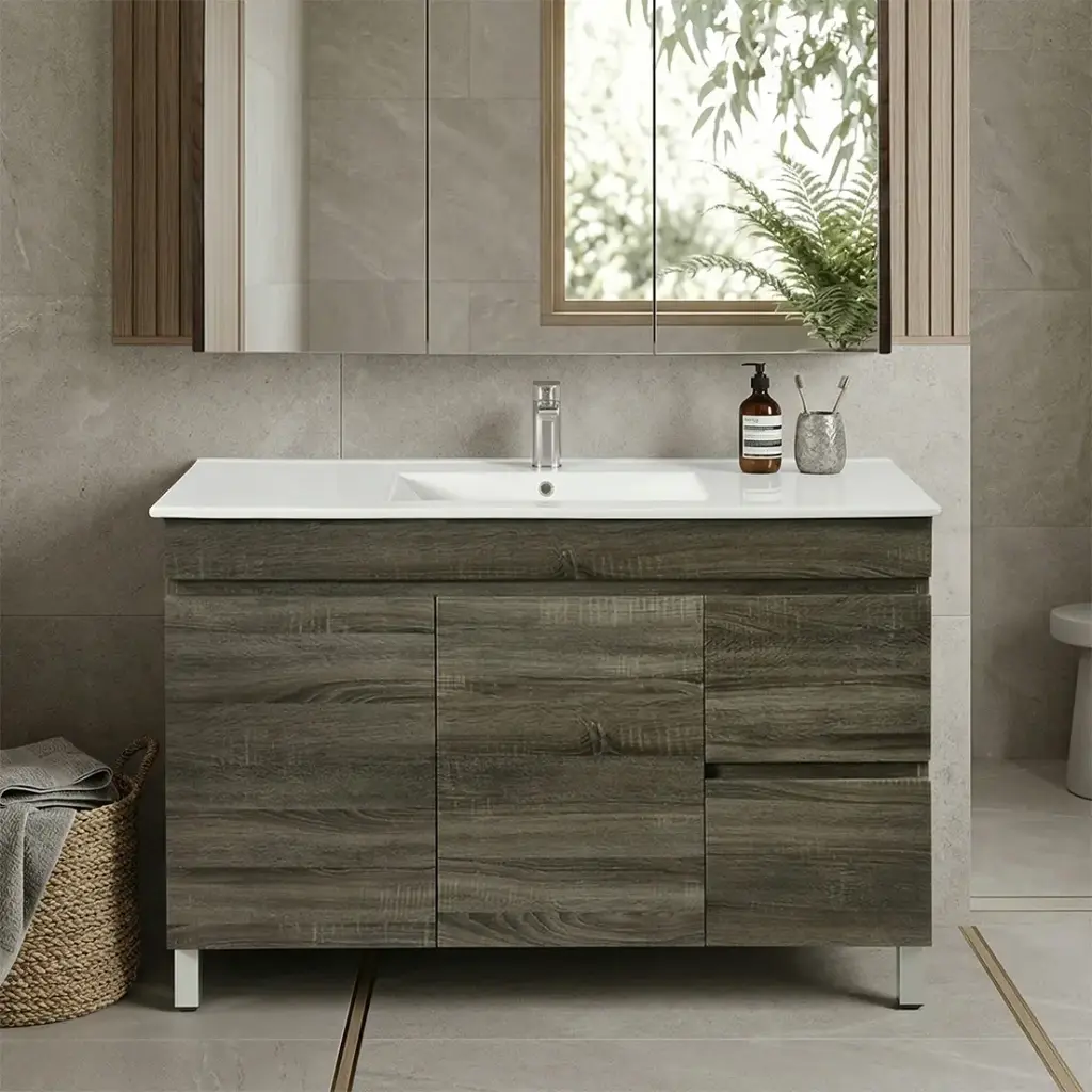 [93130/B124RL-DG] 1200mm Dark Grey MDF Freestanding Bathroom Vanity Cabinet Only Right Drawer PVC Vacuum Filmed