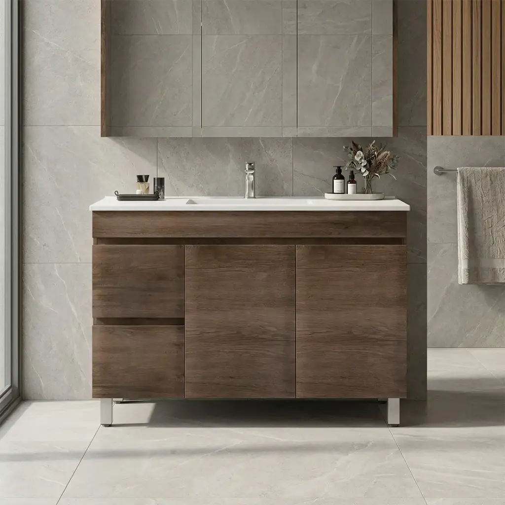 [93135/B124LL-DO] 1200mm Dark Oak MDF Freestanding Bathroom Vanity Cabinet Only Left Drawer PVC Vacuum Filmed