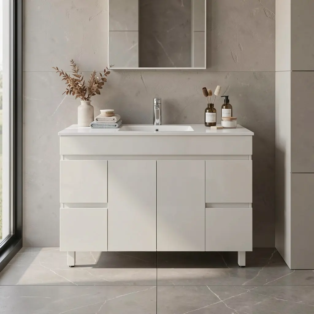 [91022/M124L] 1200mm Gloss White MDF 2 Middle Doors 4 Side Drawers Freestanding Bathroom Vanity Cabinet Only