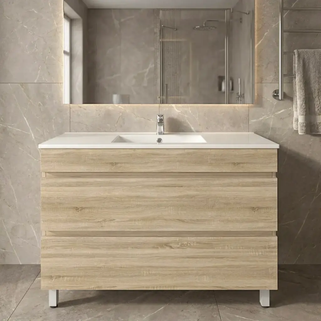[93045/WO1246L] 1200mm White Oak MDF 2 Drawers Freestanding Bathroom Vanity Cabinet Only