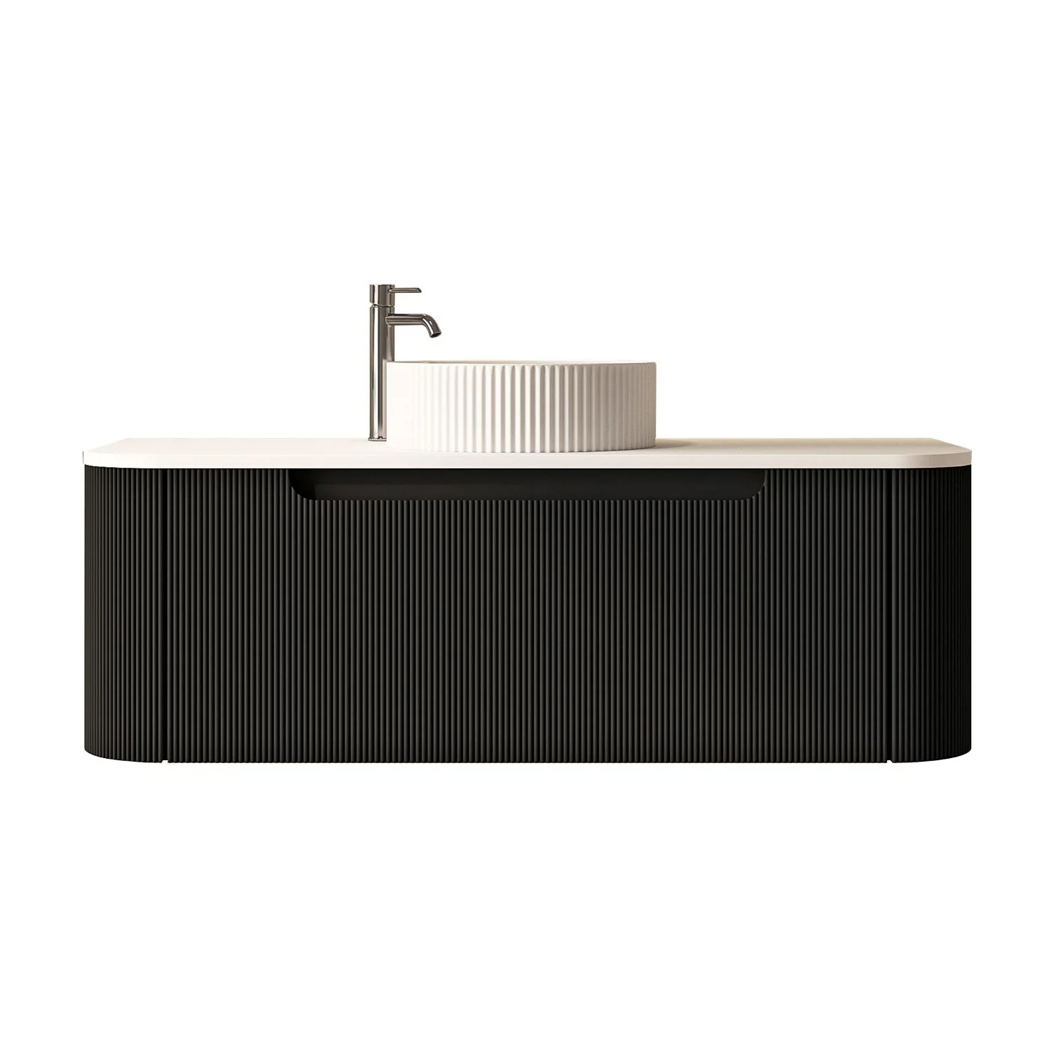 [50772] 1200x460x400mm Rome Matt Black Round Edge Grooved Wall Hung MDF Vanity With White Quartz Stone Top One Soft Closing Drawer