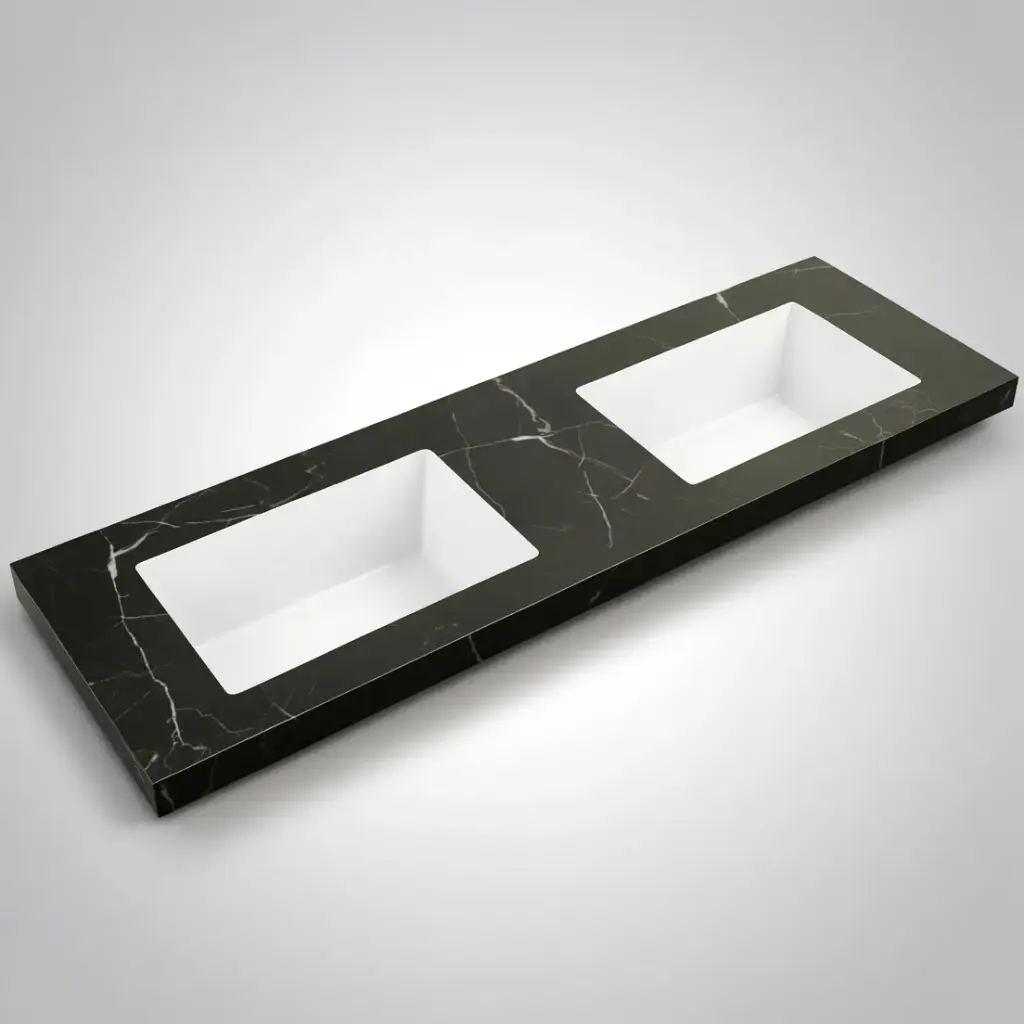 [56450] 1205X465X50mm Calacatta Night Black Sintered Stone Semless Joined With Fine Ceramic Basin Stone Double Bowl,No Tap Hole