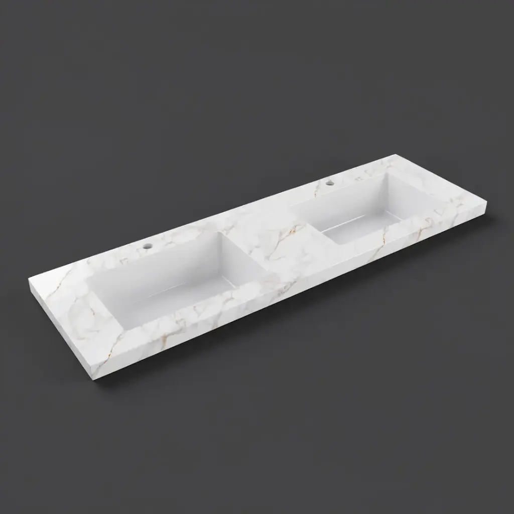 [56429] 1205X465X50mm Carrara Gold Sintered Stone Semless Joined With Fine Ceramic Basin Stone Double Bowl