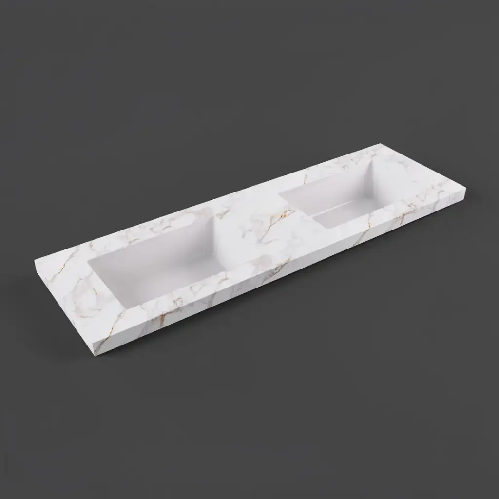 [56436] 1205X465X50mm Carrara Gold Sintered Stone Semless Joined With Fine Ceramic Basin Stone Double Bowl No Tap Hole