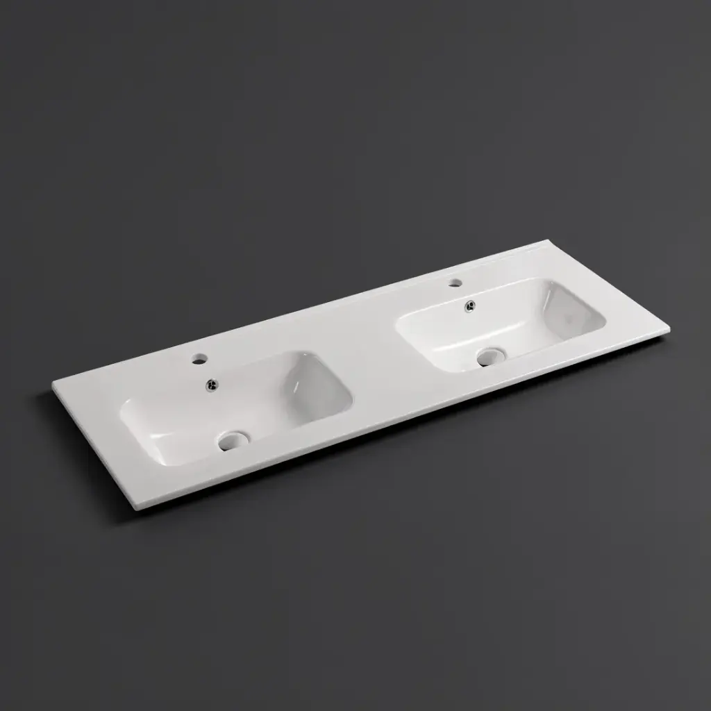 [56296] 1210*460*175mm Gloss White Kliff Fine Ceramic Counter Top Double Bowl