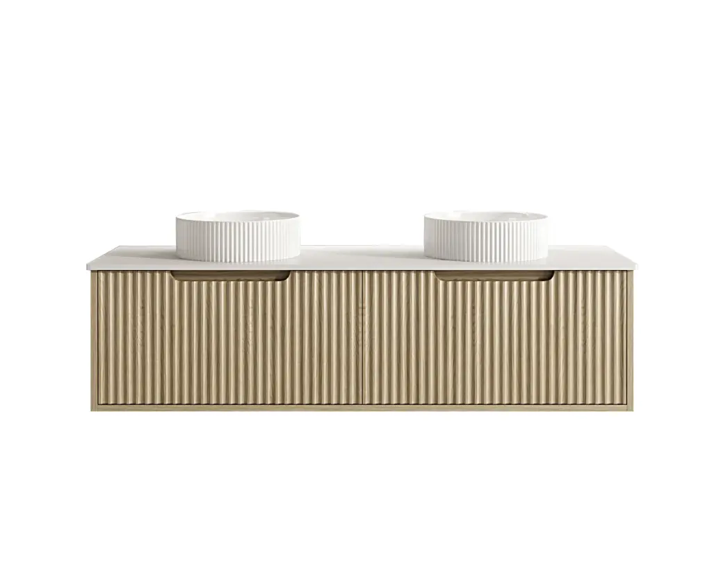 1490x455x390 Natural Oak Premium Straight Edge Wall Hung vanity With Carrara Stone Top