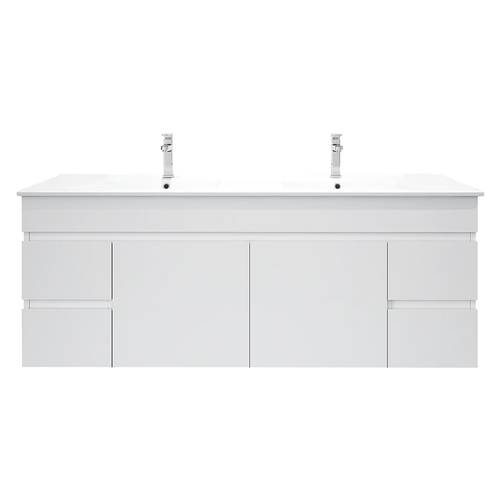 1500*450*560mm Wall Hung Gloss White PVC Vanity With Double Ceramic Top