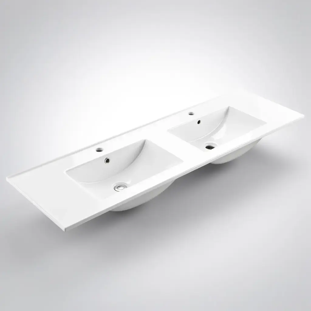 [90152/CT1546D] 1500x460x180mm Gloss White Thin Edge Ceramic Top Double Bowls