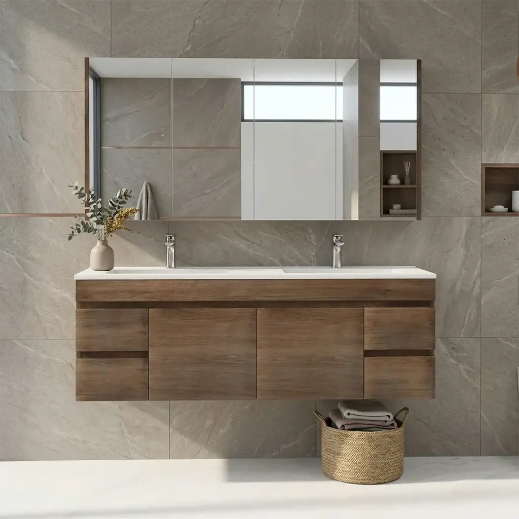 [93179/B154W-DO] 1500mm Dark Oak MDF Wall Hung Bathroom Vanity Cabinet Only PVC Vacuum Filmed