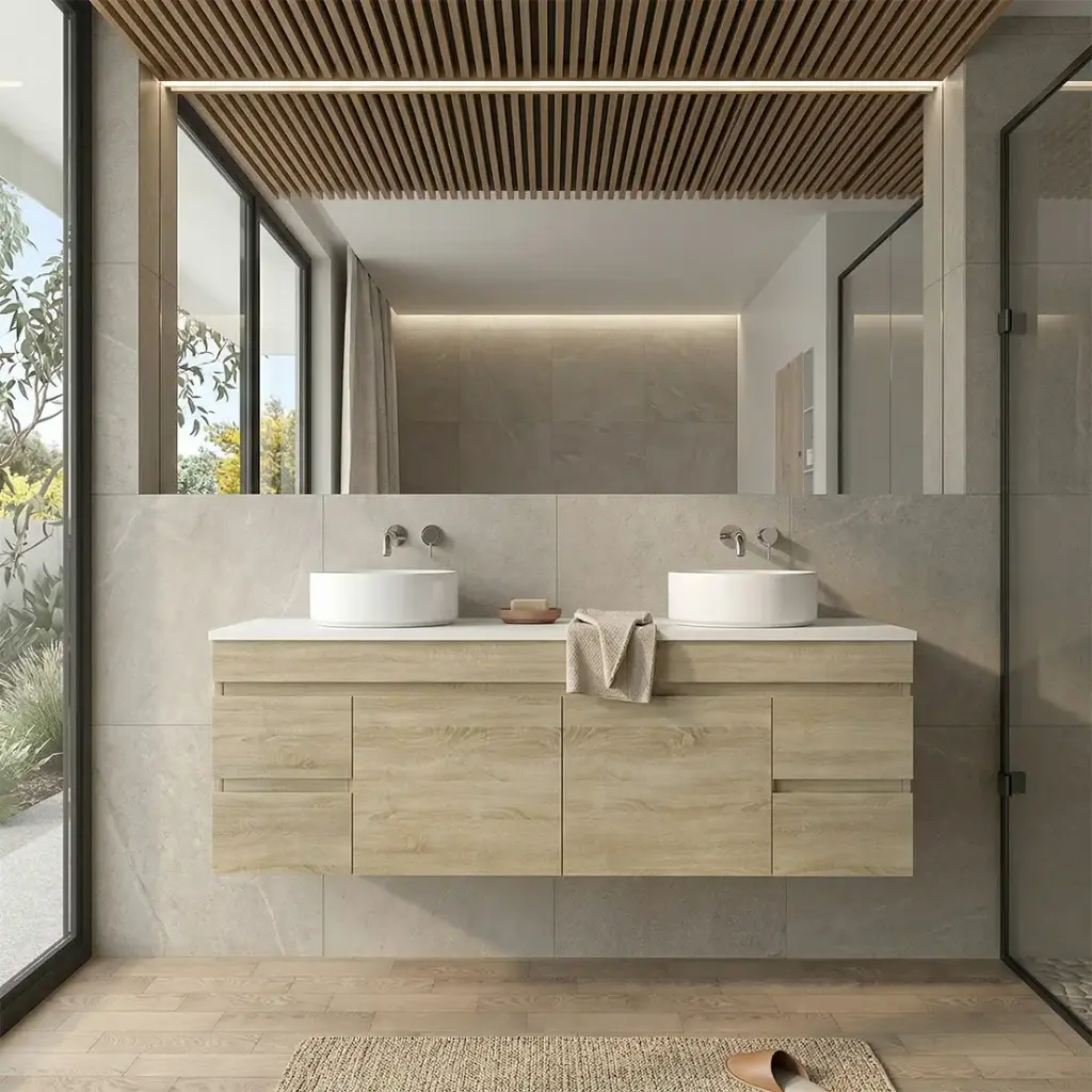 [93177/B154W-WO] 1500mm White Oak MDF Wall Hung Bathroom Vanity Cabinet Only PVC Vacuum Filmed