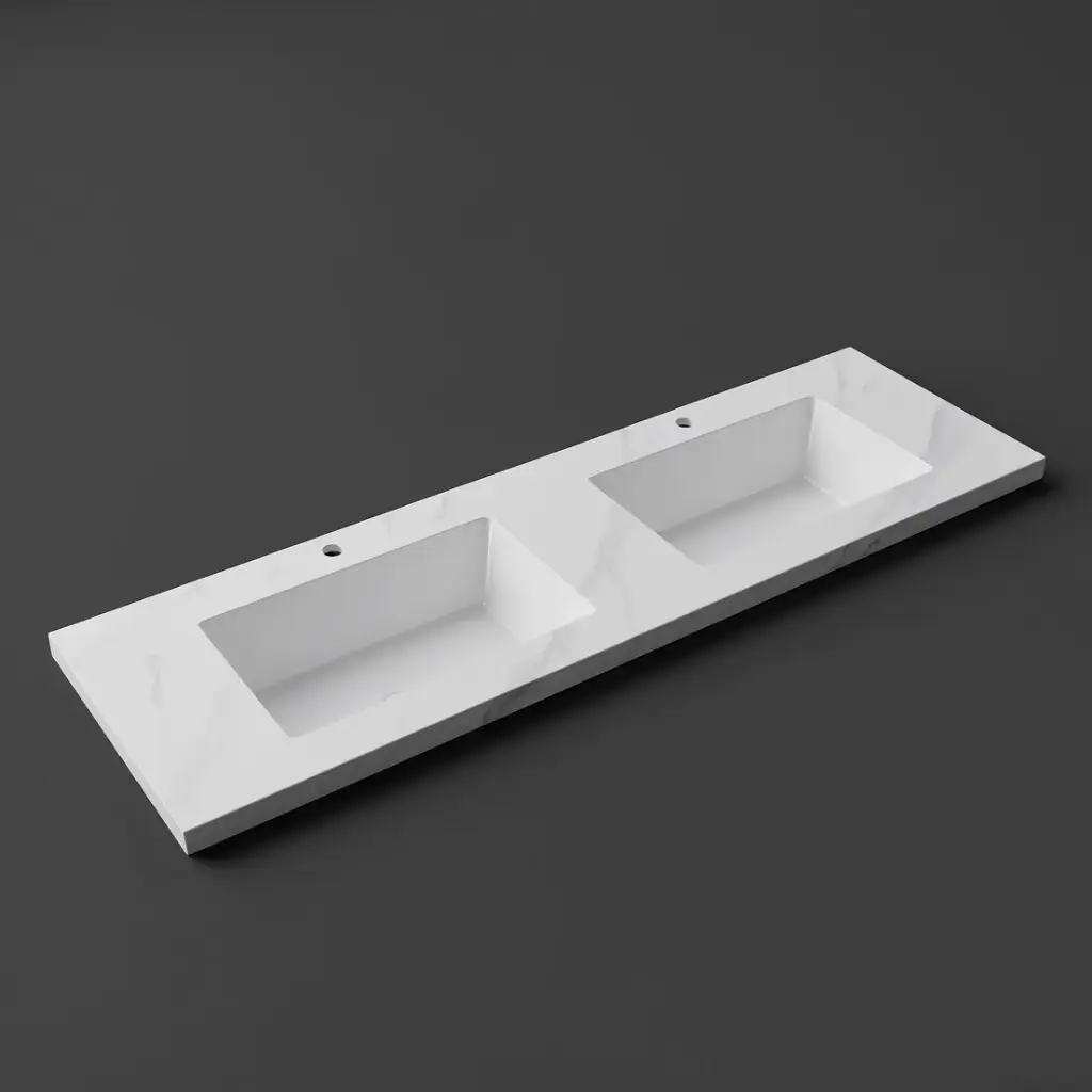 [56765] 1500x460x190mmCarrara White Sintered Stone Seamlessjoined With Fine Ceramic Basin Double Bowl