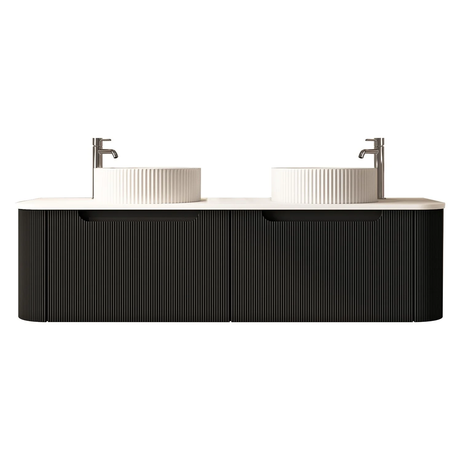 [50775] 1500x460x400mm Rome Matt Black Round Edge Grooved Wall Hung MDF Vanity With White Quartz Stone Top Two Soft Closing Drawer