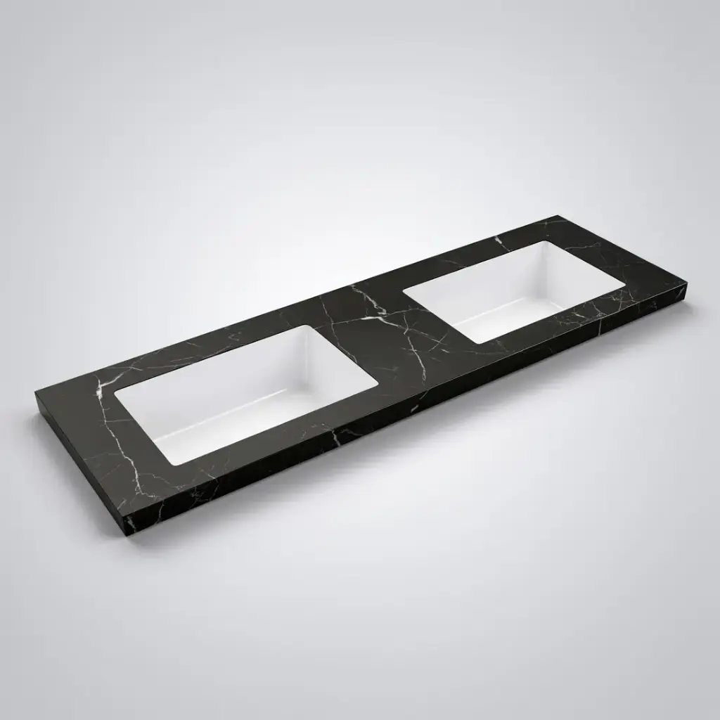 [56451] 1505X465X50mm Calacatta Night Black Sintered Stone Semless Joined With Fine Ceramic Basin Stone Double Bowl,No Tap Hole