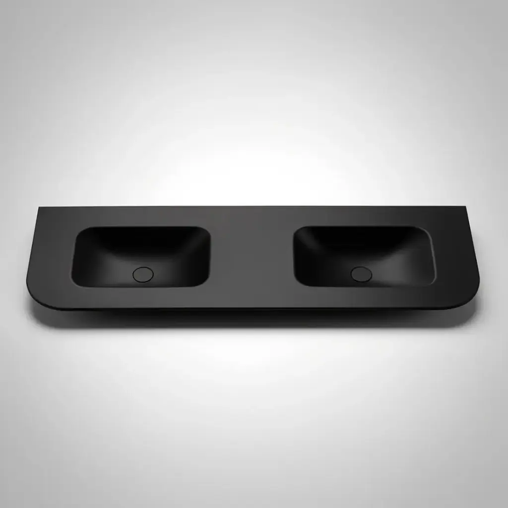 [56097] 1805X505X140 Matte Black Aruro Solid Surface Stone Basin Double Bowl