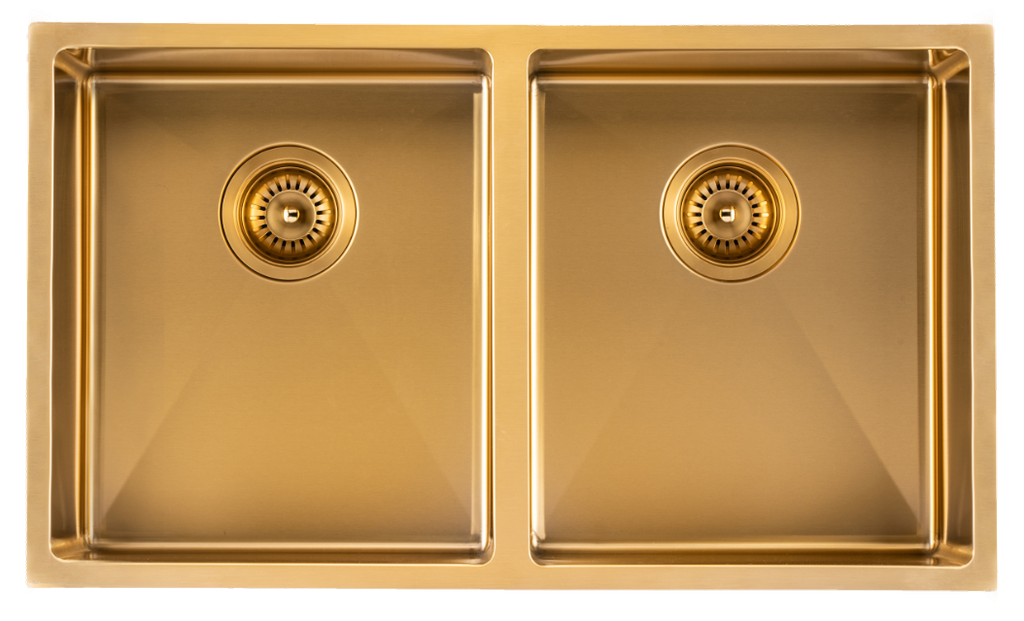 [41196] 304 Stainless Steel Brushed Gold PVD Coating Double Bowl Kitchen Sink(Round Edges,with Bottom Tray)770*450*215mm