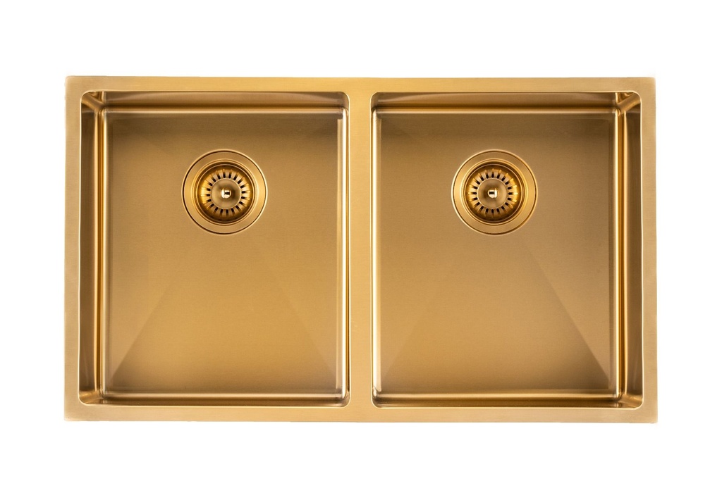 [41198] 304 Stainless Steel Brushed Gold PVD Coating Double Bowl Kitchen Sink(Round Edges,with Bottom Tray)820*457*230mm