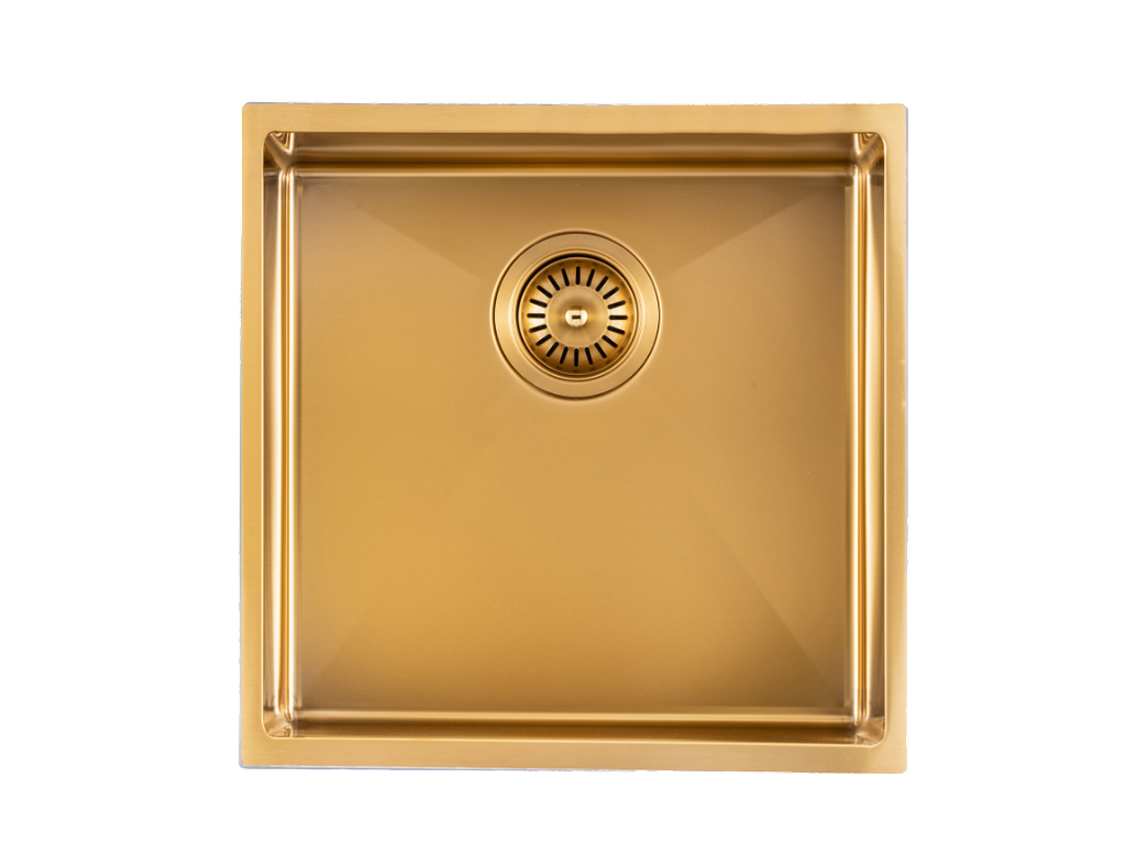 [41200] 304 Stainless Steel Brushed Gold PVD Coating Single Bowl Kitchen Sink(Round Edges,with Bottom Tray)440*440*205mm