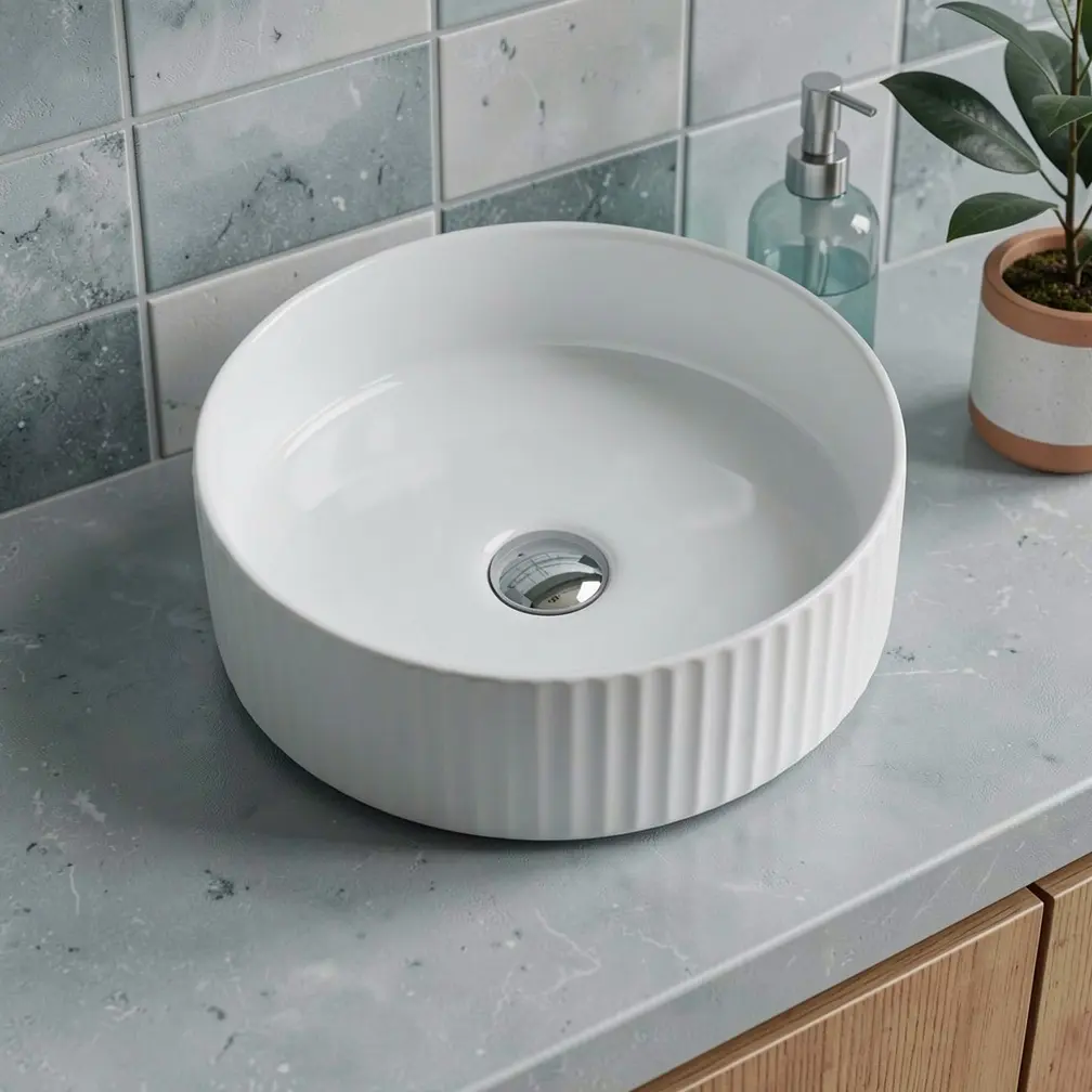 360*360*120mm Cora Above Counter Fluted Gloss White Circle Basin (New Arrival)