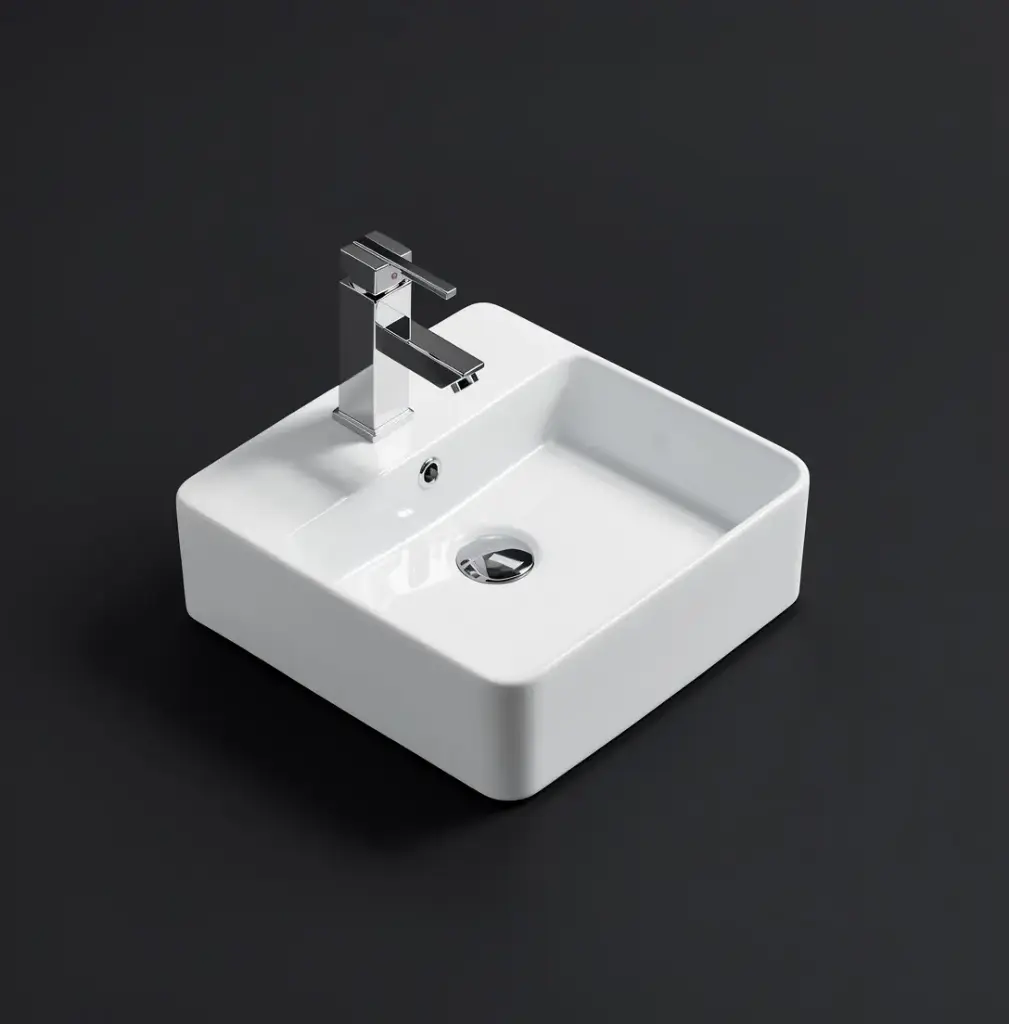 [55495] 385*385*125mm Gloss White Crete Fine Ceramic Wall Hung /Above Basin Tap Hole With Overflow,32mm Waste