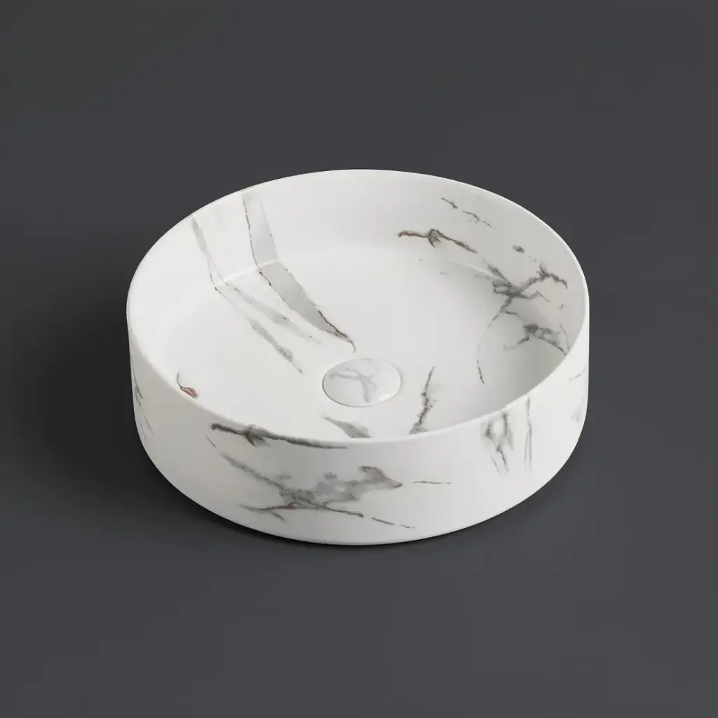 [55470] 395*395*115mm Matte Carrara White And Bronze Olley Fine Ceramic Above Counter Basin No Overflow,32mm Waste