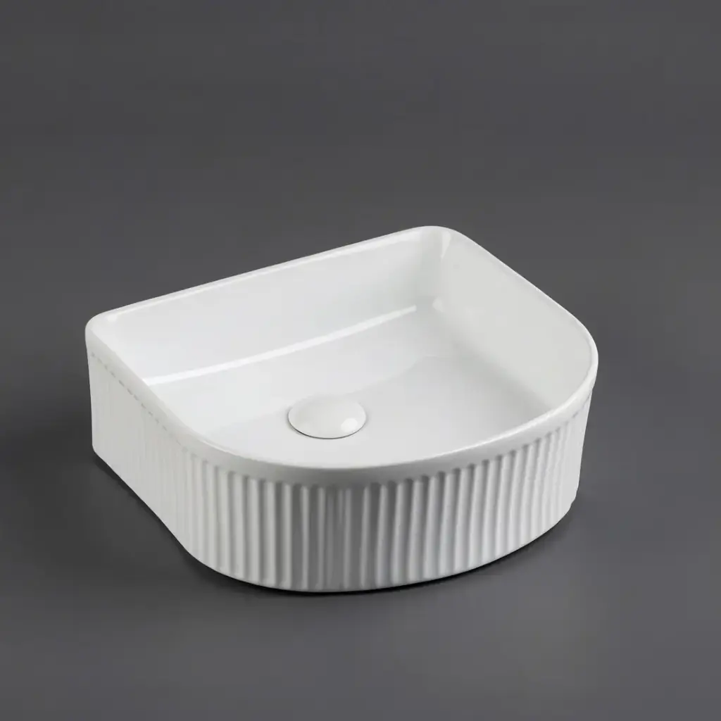 [55413] 400*350*130mm Gloss White Arco Flueted Fine Ceramic Above Counter Basin No Overflow 32mm Waste