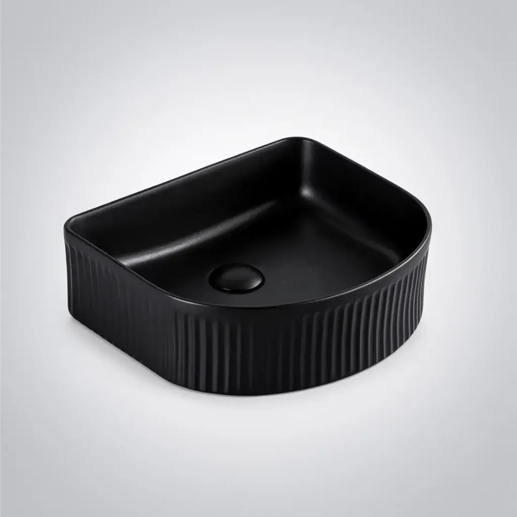 [55414] 400*350*130mm Matt Black Arco Flueted Fine Ceramic Above Counter Basin No Overflow 32mm Waste