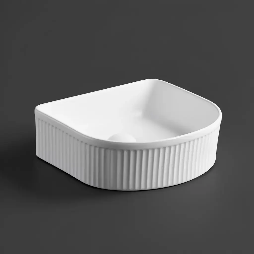 400*350*130mm Matt White Arco Flueted Fine Ceramic Above Counter Basin No Overflow 32mm Waste