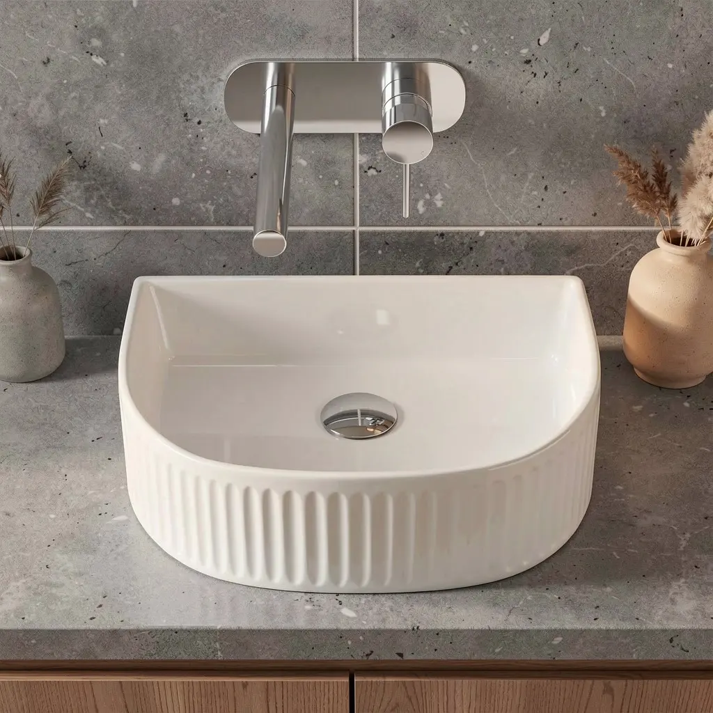 [90194/ACF400A] 400x350x130mm Arch Fluted Gloss White Ceramic Art Basin Above Counter Basin Non-overflow