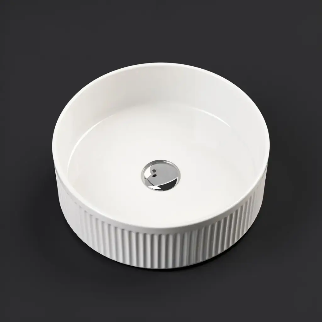 [90192/ACF400R] 400x400x130mm Round Fluted Goss White Ceramic Art Basin Above Counter Basin Non-overflow