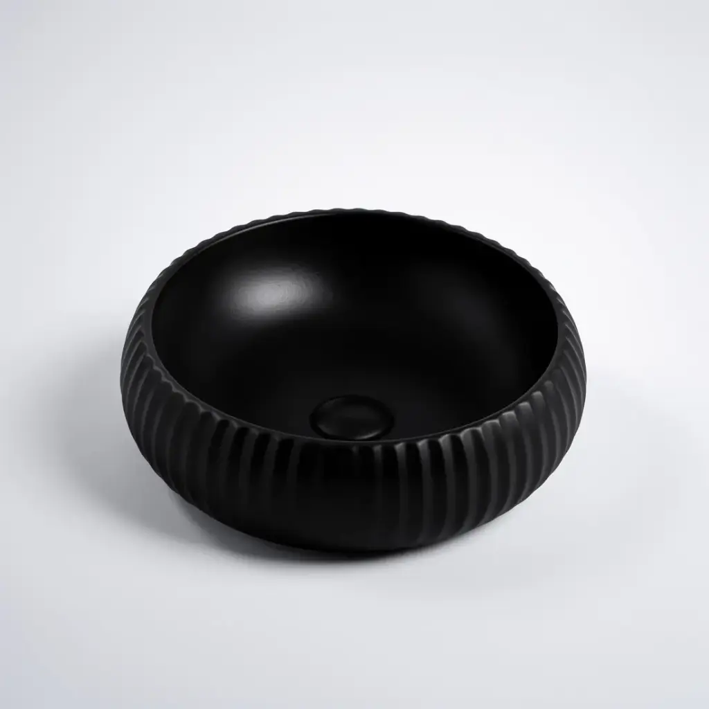 [55488] 410*410*130mm Matte Black Oran Fine Ceramic Fluted Art Basin No Overflow,32mm Waste