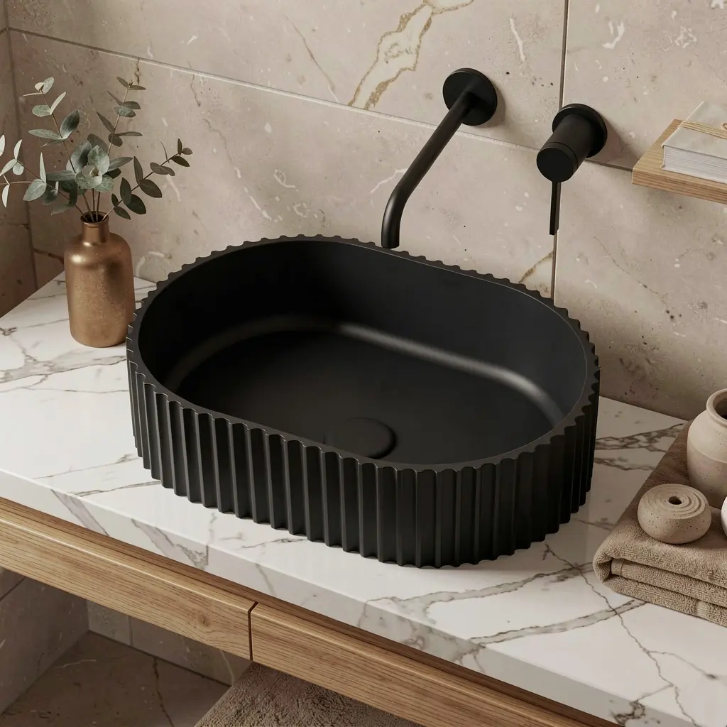 [55402] 480*345*140mm Matte Black Ellips Fluted Solid Surface Above Counter Basin 32mm Waste