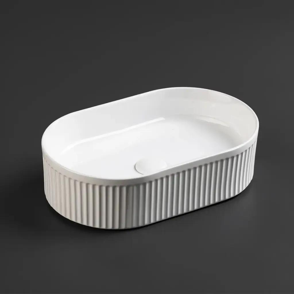 [55432] 490*310*130mm Gloss White Ellips Fluted Fine Ceramic Above Counter Basin No Overflow 32mm Waste