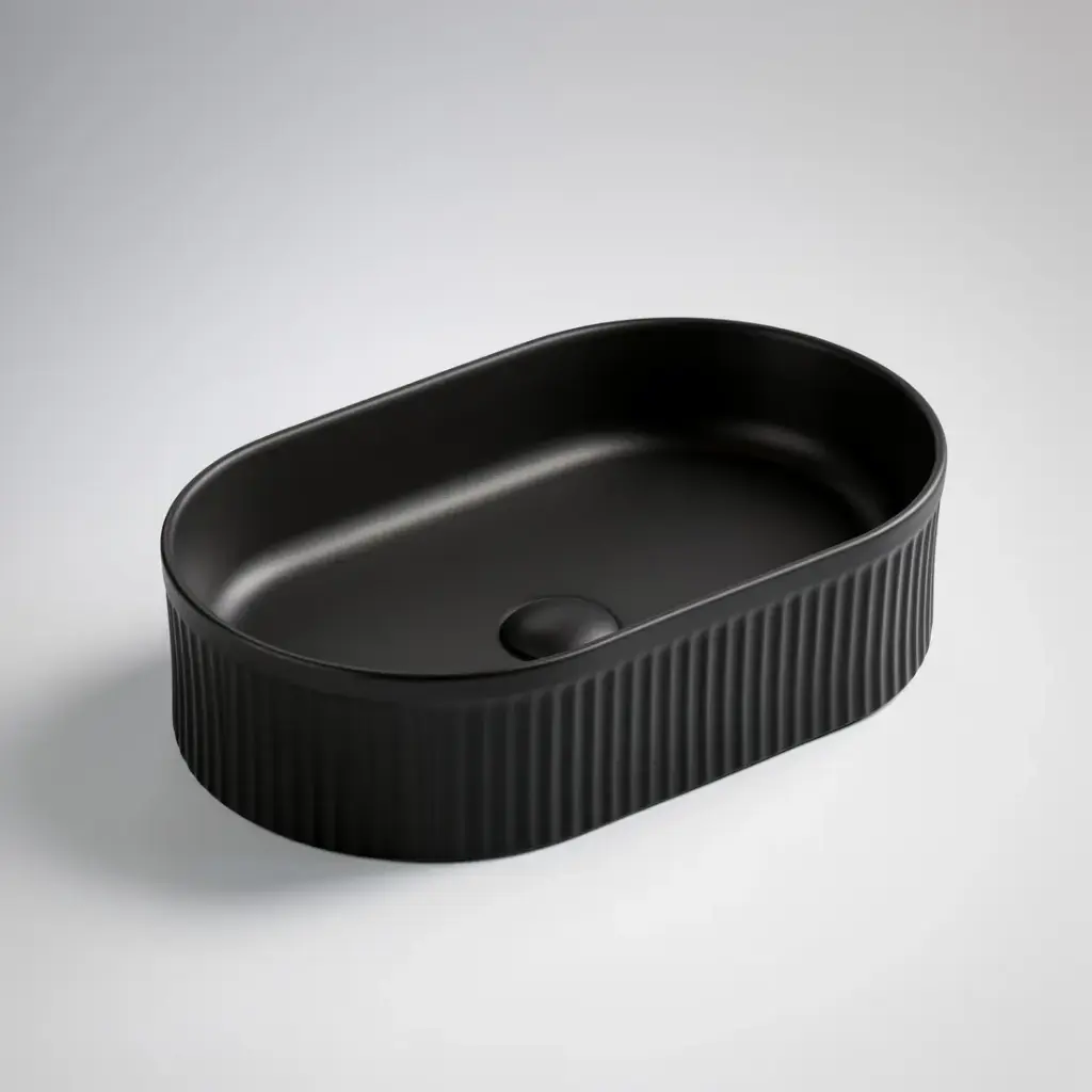 [55433] 490*310*130mm Matte Balck Ellips Fluted Fine Ceramic Above Counter Basin No Overflow 32mm Waste