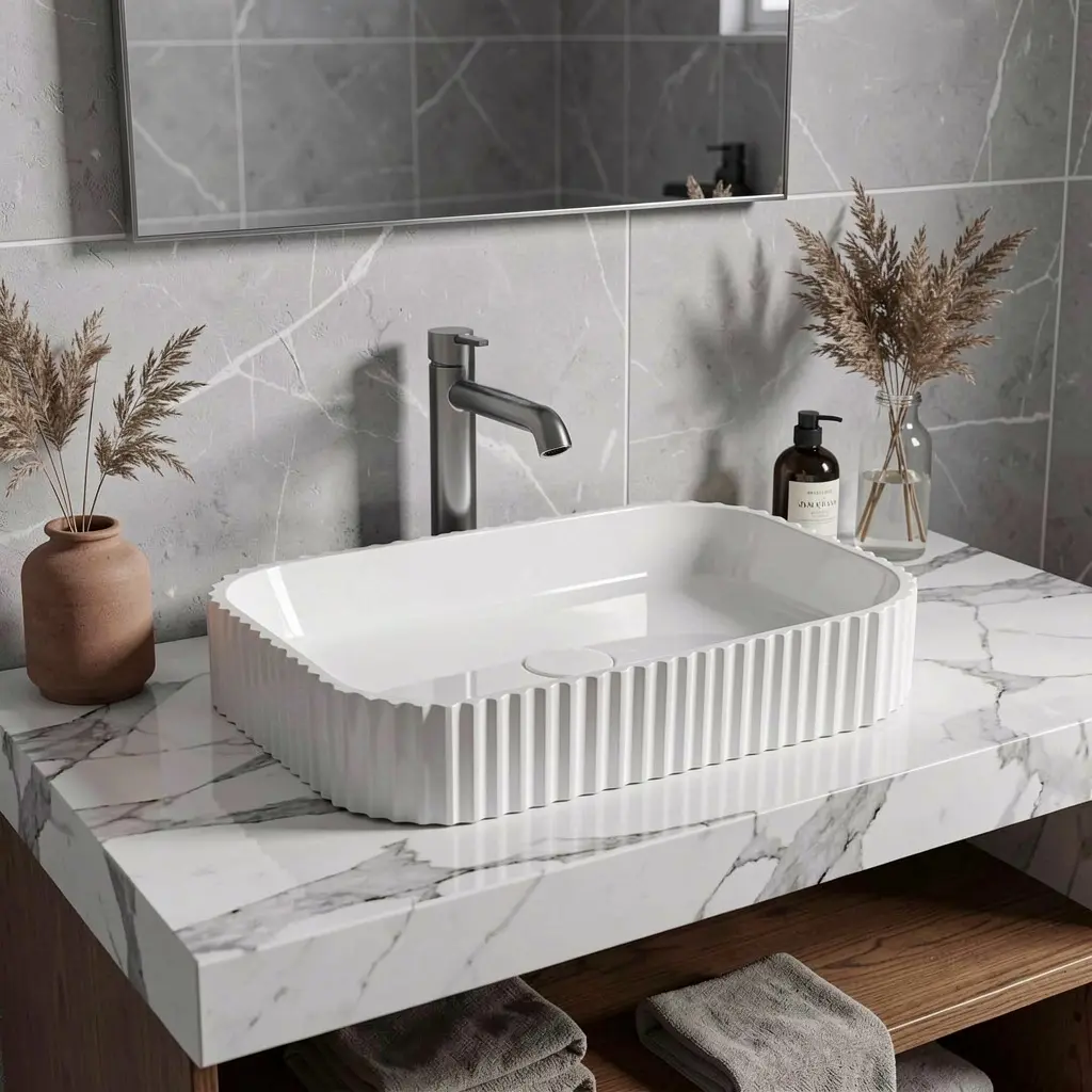 [55407] 500*350*120mm Gloss White Japserfluted Solid Surface Above Counter Basin 32mm Waste