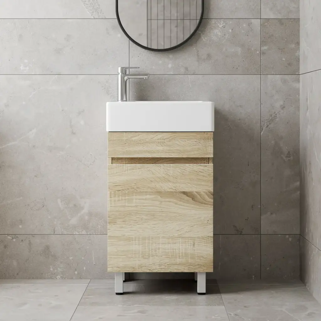 [93029/WO5025L] 500mm White Oak MDF 1 Door Freestanding Bathroom Vanity Cabinet Only