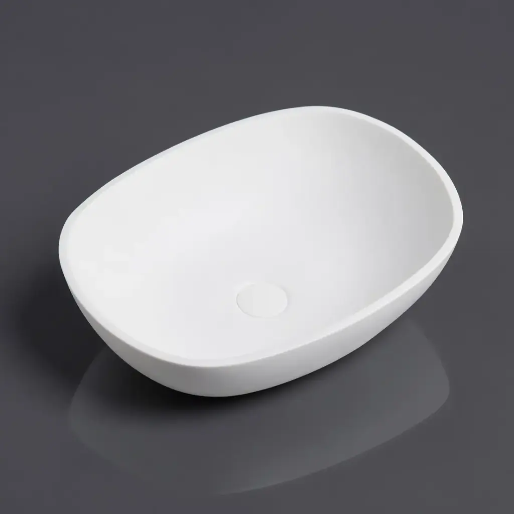 [55395] 550*400*155mm Matt White Perry Solid Surface Stone Above Counter Basin 32mm Waste