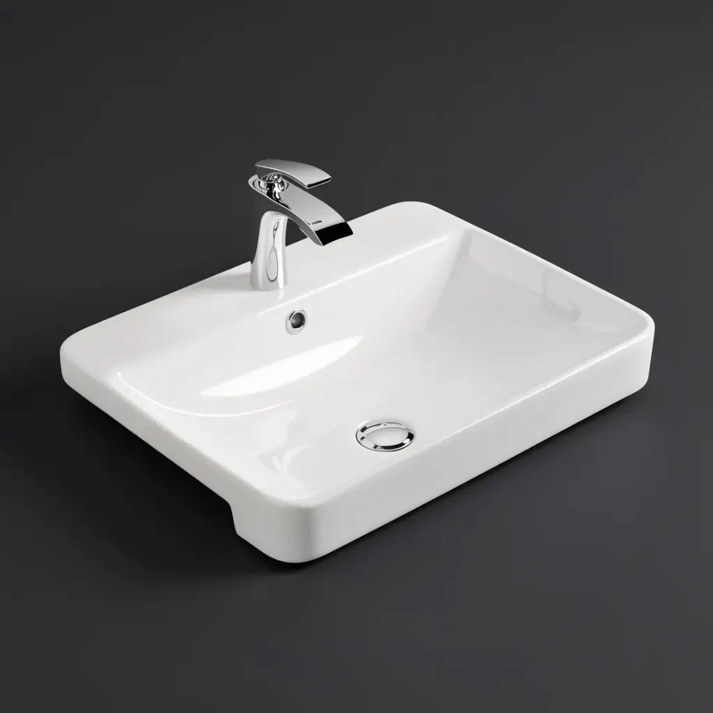 [55531] 585*460*170mm Gloss White Kliff Fine Ceramic Semi Ress Basin Tap Hole Overflow,32mm Waste