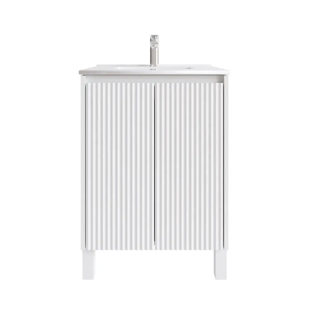 [92103/N-PVCKB64L-MW] 600mm Freestanding Bathroom Vanity Cabinet Only PVC 2 Door Fluted Matte White