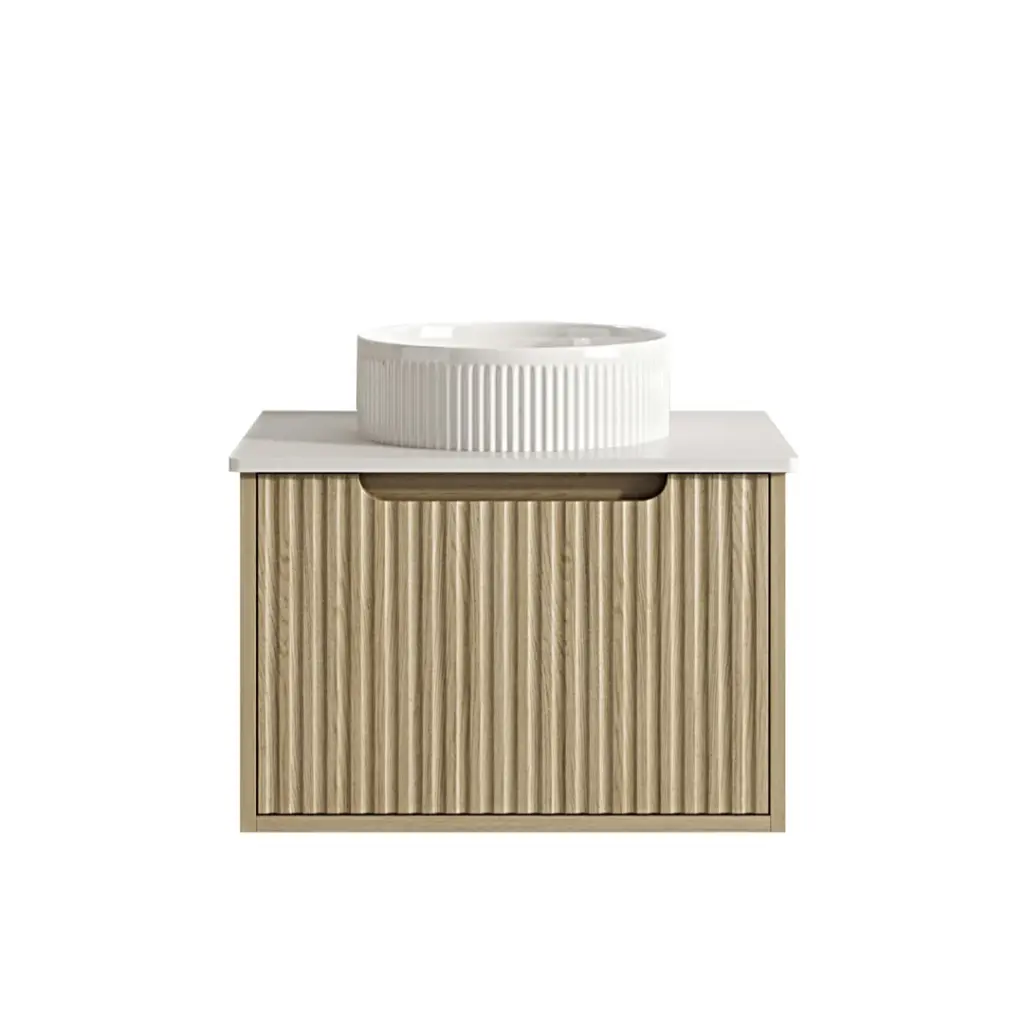 590x455x390 Natural Oak Premium Straight Edge Wall Hung vanity With White  Stone Top