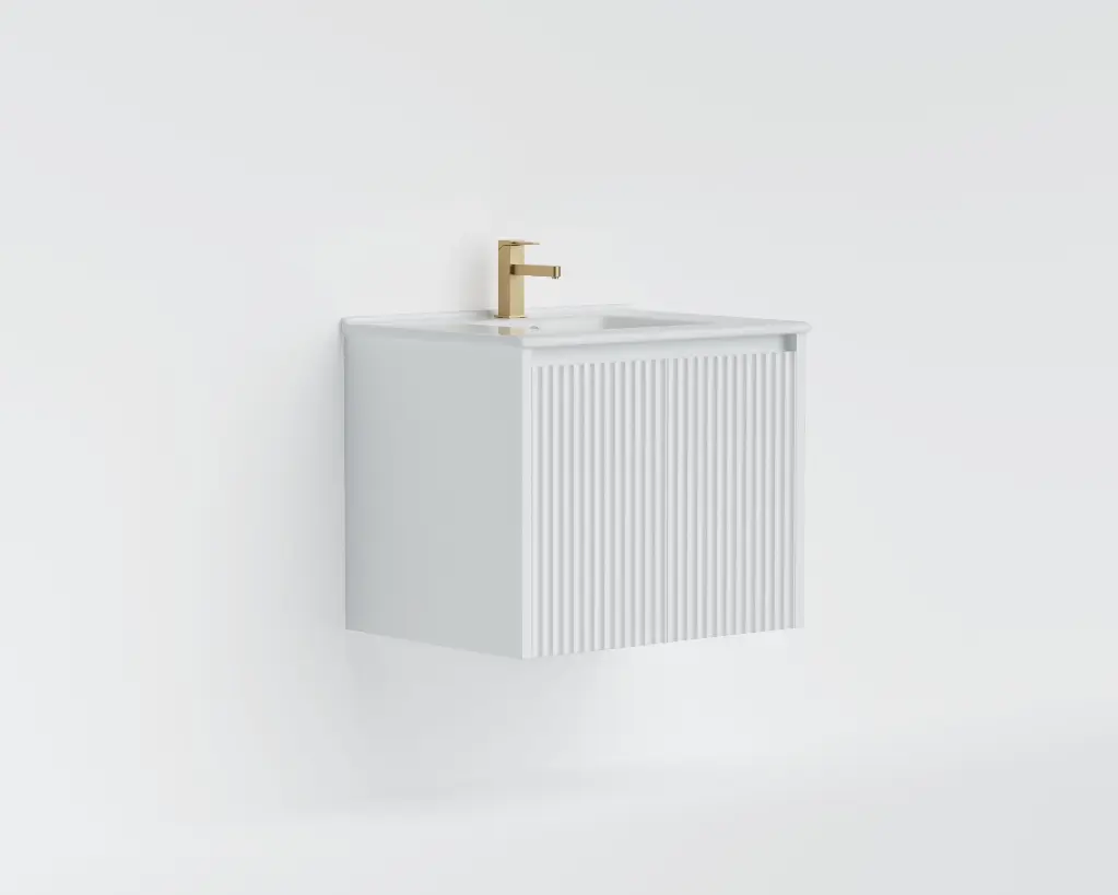 [56598] 590x455x480mm Matte White Crete Modern Fluted Wall Hung Vanity PVC Cabinet