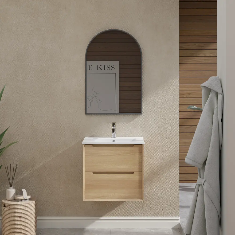 [93404/BE6046W-NO] 600mm Bell Collection Natural Oak Plywood 2 Drawers Wall Hung Bathroom Vanity Cabinet Only