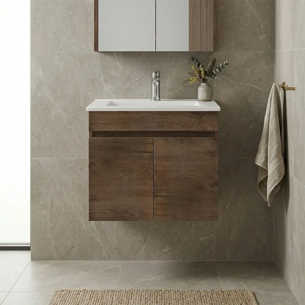 [93143/B64W-DO] 600mm Dark Oak MDF Wall Hung Bathroom Vanity Cabinet Only 2 Doors