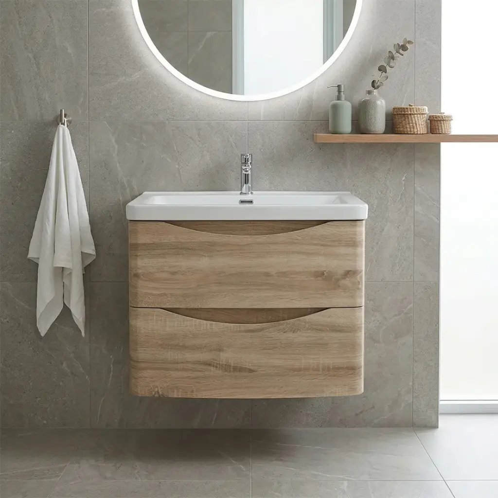 [93233/OW600WO] 600mm White Oak MDF Board with PVC Vacuum Filmed Two Drawers Curved Wall Hung Vanity Cabinet Only